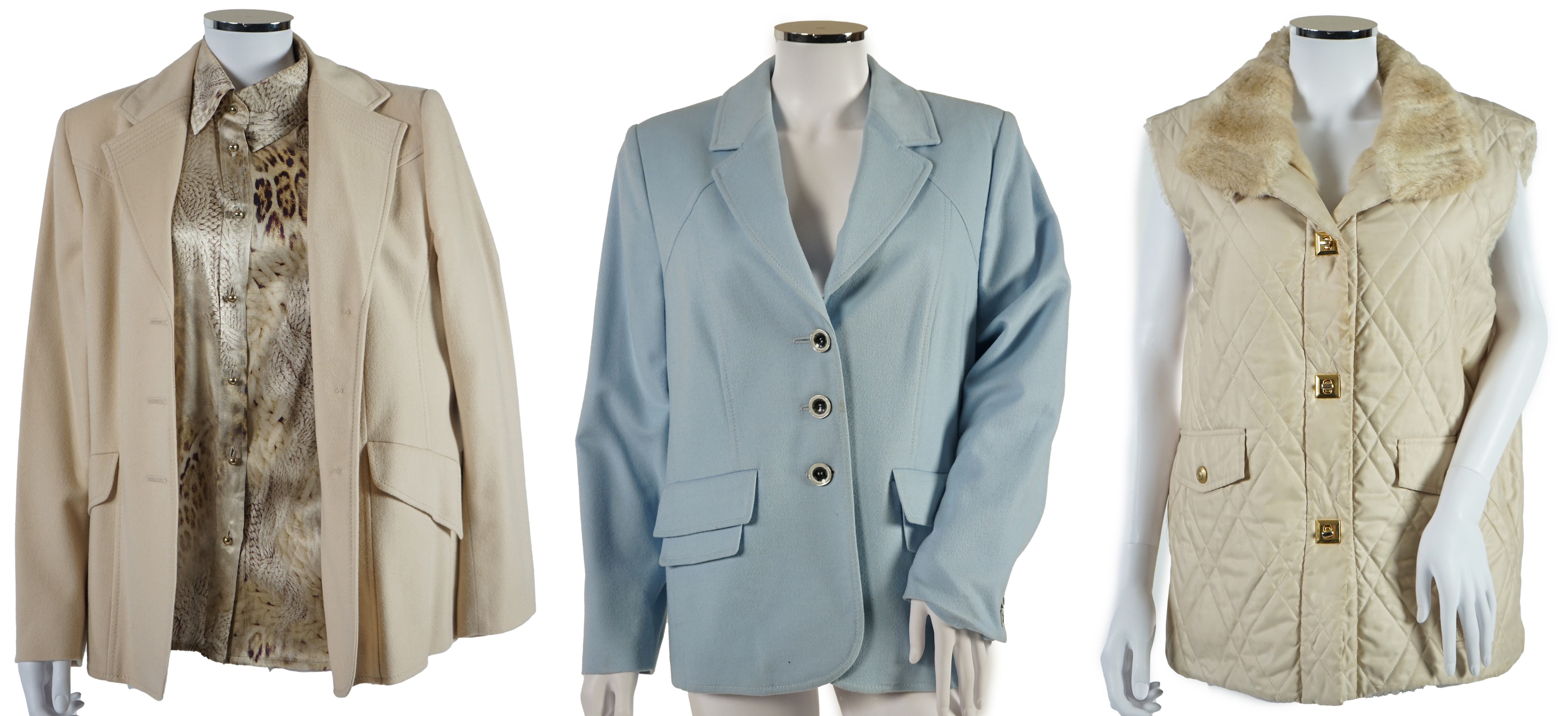 Four Avantgarde lady's clothes: a gilet, jacket and co-ordinating blouse and light blue blazer. Sizes 14-16 Proceeds to Happy Paws Puppy Rescue